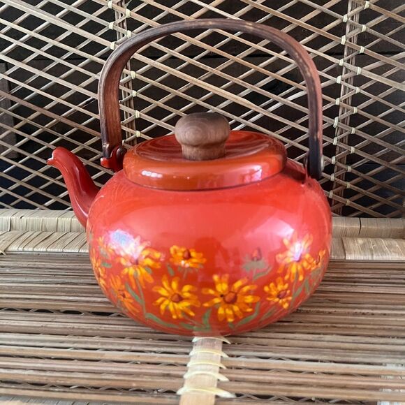 Vintage Enameled Tea Kettle Pot Japan Teak Handle Flower Power Floral AS IS - Picture 5 of 10
